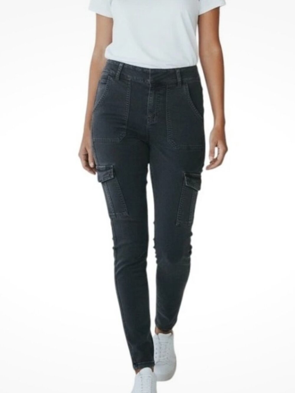 Spanx Women's Stretch Twill Ankle Cargo Pants XS Petite Washed Black Gray Skinny